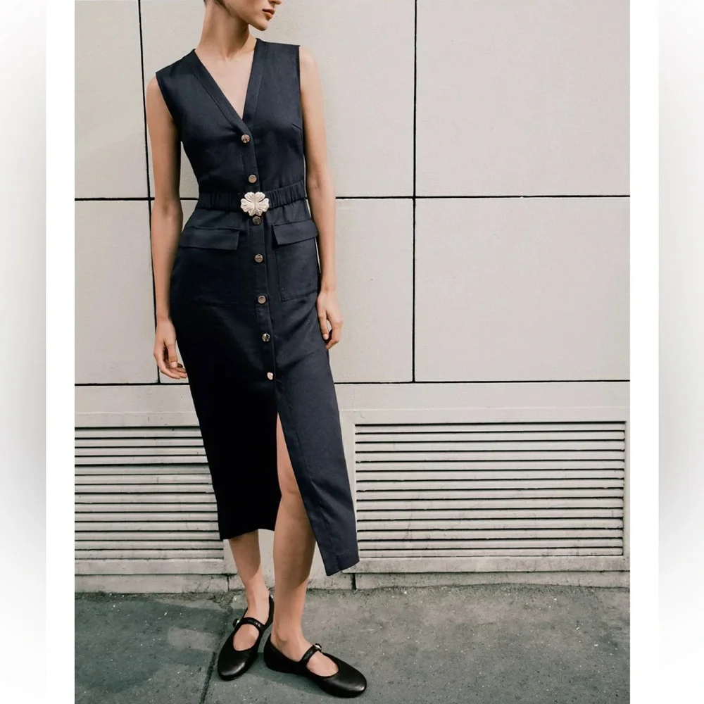 Zara Linen Belted Sleeveless Midi Dress Navy Blue NWT
